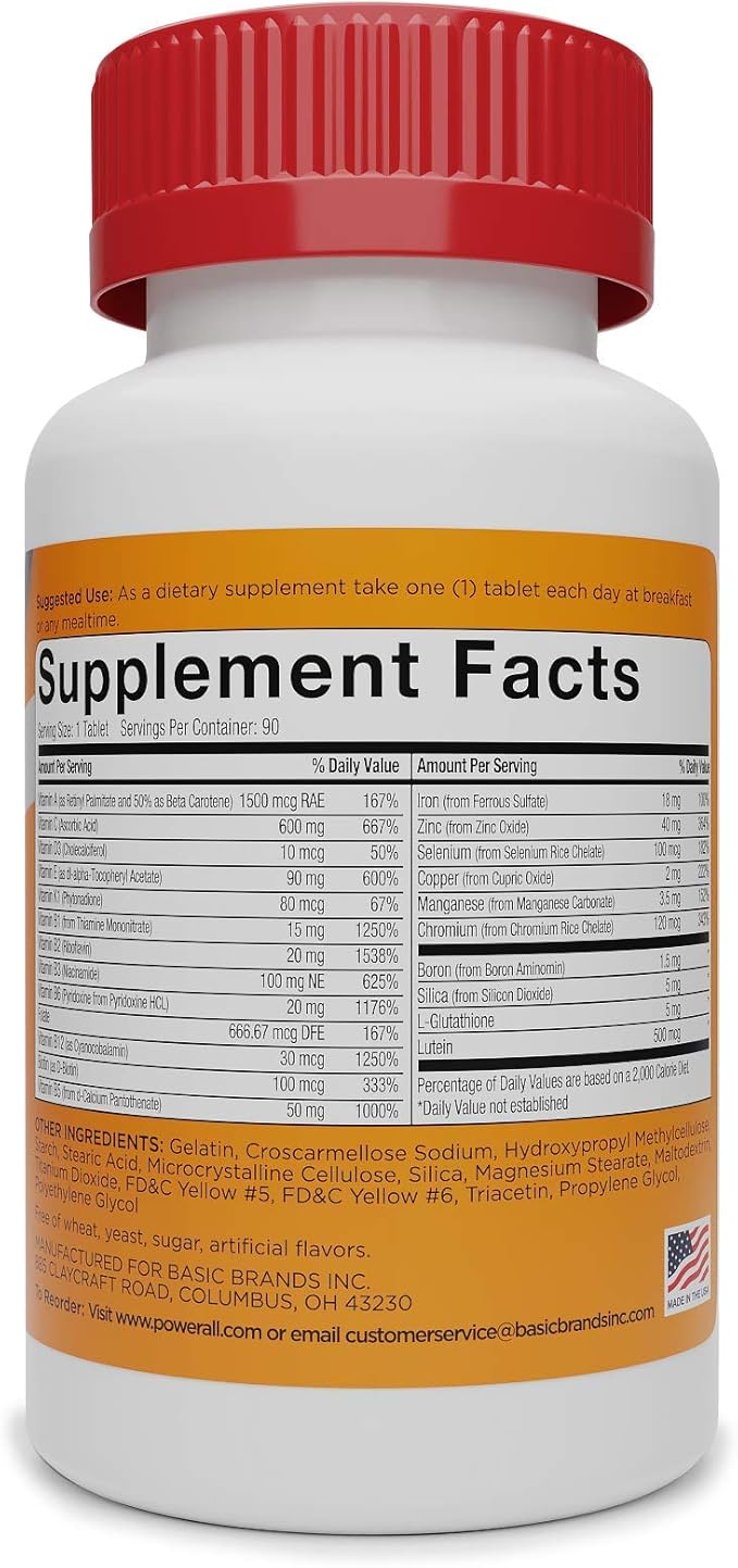 POWERALL Adult Multivitamin for Men and Women, Immunity Support, with Vitamins A, C, D3, E, K1 and B Vitamins, 90 Count