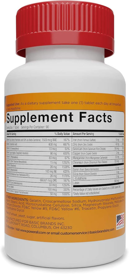 POWERALL Adult Multivitamin for Men and Women, Immunity Support, with Vitamins A, C, D3, E, K1 and B Vitamins, 90 Count