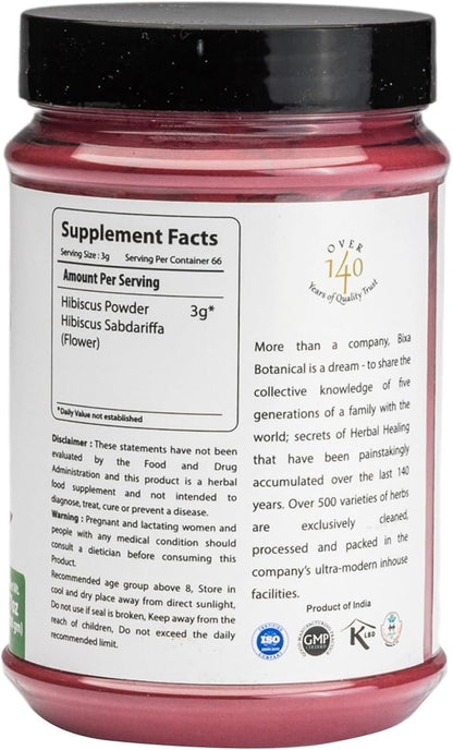 bixa BOTANICAL Hibiscus Powder (Hibiscus Rosa Sinensis) Ayurvedic Natural Herbal Supplement | Natural Coolant and Refrigerant | Steam Treated (7 Ounce Count (Pack of 1))