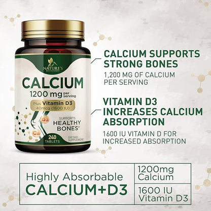 Calcium 1200 mg with Vitamin D3, Calcium Supplement Vitamins, Supports Bone Strength, Teeth & Immune System, Calcium Supplements for Women & Men, Nature's Absorbable Calcium Carbonate - 240 Tablets