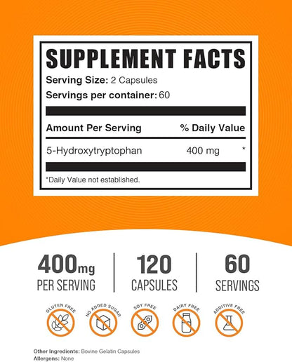 BulkSupplements.com 5-HTP Capsules - 5-Hydroxytryptophan, 5 HTP Supplement - 5-HTP 400mg, for Overall Well-Being - Gluten Free, 2 Capsules per Serving, 120 Capsules (Pack of 1)