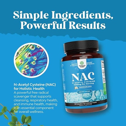 NAC Supplement N-Acetyl Cysteine 1000mg - Vegan High Absorption Non-Smelly NAC 1000mg Capsules Glutathione Precursor for Liver Cleanse Detox & Repair plus Lung Health and Immunity Support (4 Months)