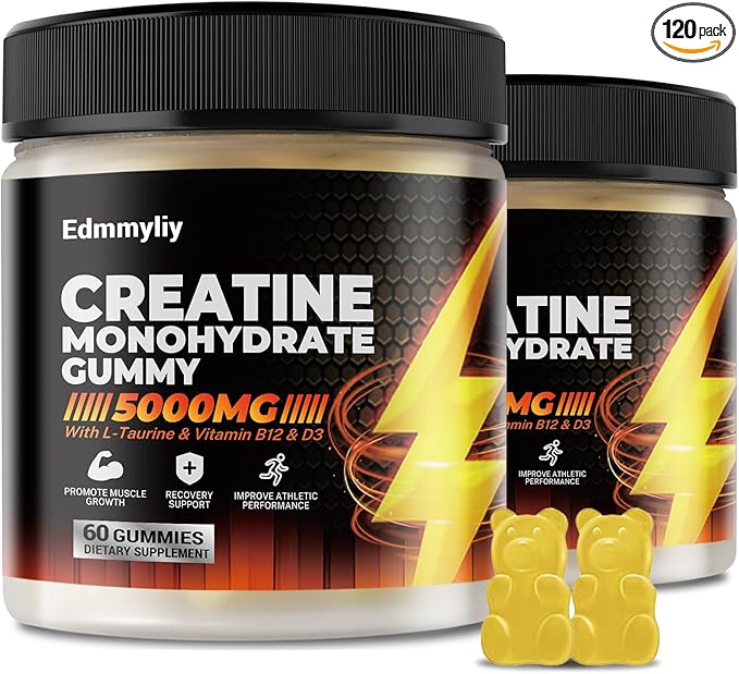 Sugar Free Creatine Monohydrate Gummies 5000mg for Men & Women Chewables Creatine Gummy with L-Taurine, Vitamin B12 & D3 for Muscle Builder, Energy Boost and Increase Strength 120 Counts (120 Counts)