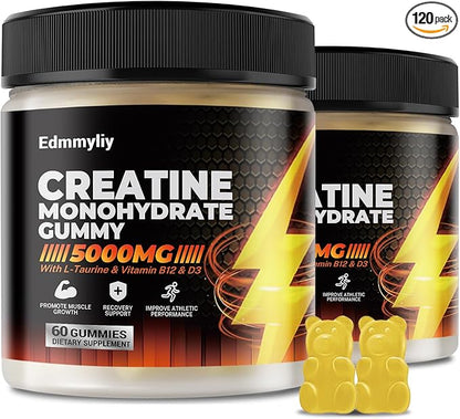 Sugar Free Creatine Monohydrate Gummies 5000mg for Men & Women Chewables Creatine Gummy with L-Taurine, Vitamin B12 & D3 for Muscle Builder, Energy Boost and Increase Strength 120 Counts (120 Counts)
