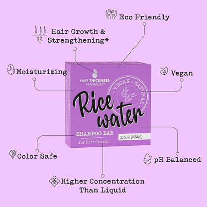 Rice Water Shampoo Bar for Hair Growth, Strengthening, Moisturizing. Eco Friendly, Vegan, USA Made. Color Safe, pH Balanced. No Harsh Chemicals or Plastic. Higher Concentration Than Liquid