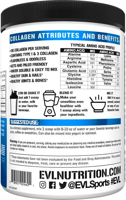 Evlution Nutrition Collagen Peptides Powder, Premium Hydrolyzed Collagen to Support Healthy Skin, Hair, Bones, Joints, Nails & More (30 Servings)