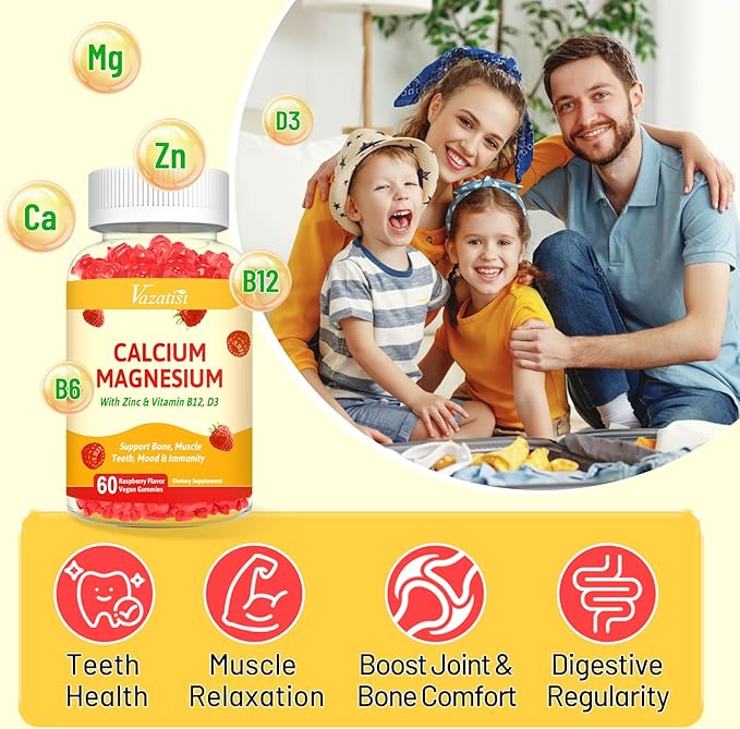 Calcium Gummies with Magnesium, Zinc, Vitamin D3 & B12, Calcium Supplements for Women Men, Support Bone, Muscle and Immunity, 60 Vegan Raspberry Flavor Gummies