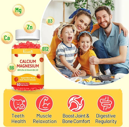 Calcium Gummies with Magnesium, Zinc, Vitamin D3 & B12, Calcium Supplements for Women Men, Support Bone, Muscle and Immunity, 60 Vegan Raspberry Flavor Gummies