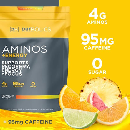 Aminos + Energy | Supports Recovery, Energy & Focus | 95mg of Caffeine, 0 Sugar & 60 Servings (Tropic Like It's Hot)