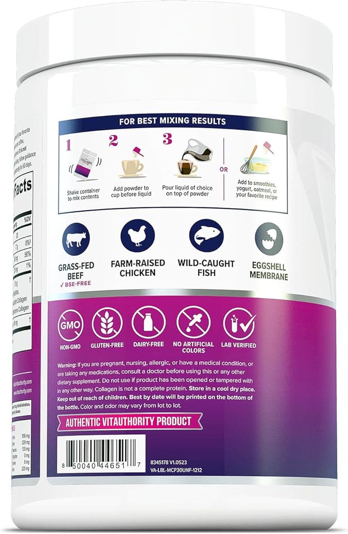 Multi Collagen Peptides Powder for Women and Men - Instant Dissolving Grass Fed Hydrolyzed Collagen Powder Drink Mix for Beautiful Hair Skin and Nails with Hyaluronic Acid and Vitamin C - Unflavored