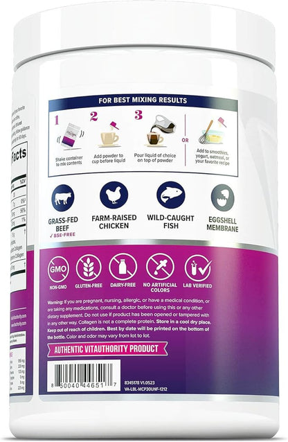 Multi Collagen Peptides Powder for Women and Men - Instant Dissolving Grass Fed Hydrolyzed Collagen Powder Drink Mix for Beautiful Hair Skin and Nails with Hyaluronic Acid and Vitamin C - Unflavored