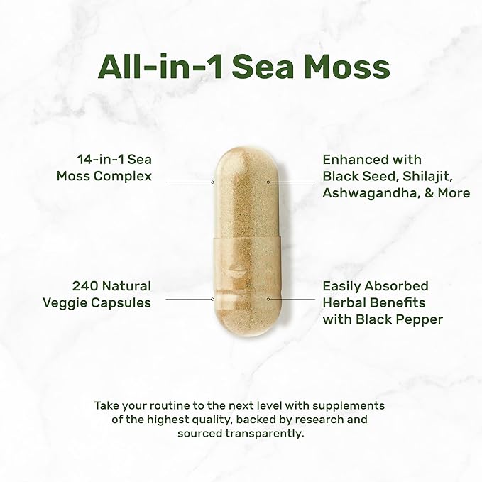 DEAL SUPPLEMENT Irish Sea Moss 7000mg Per Serving, 240 Veggie Capsules – 14 Superfood Complex – 3000mg Black Seed Oil, 2000mg Ashwagandha, 600mg Ginger