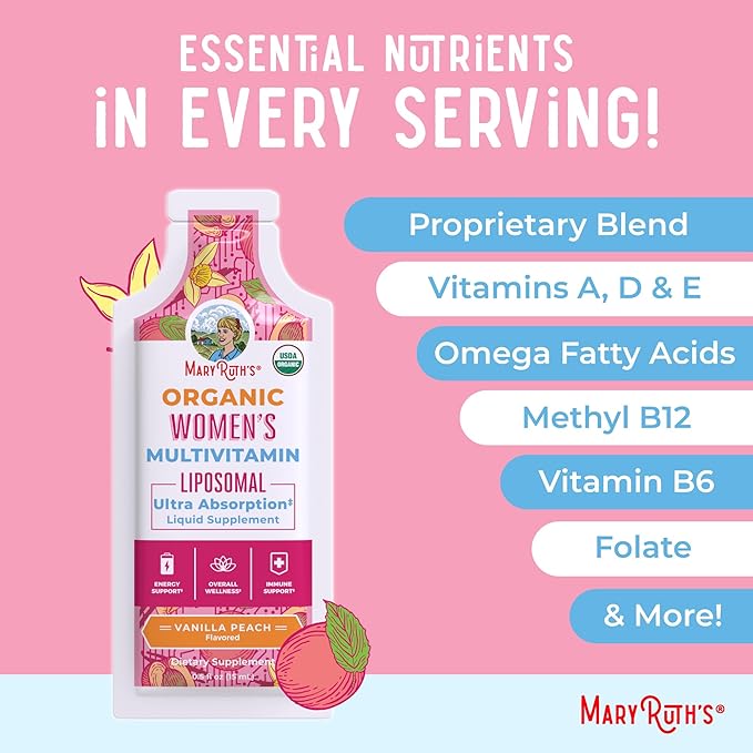 MaryRuth Organics USDA Organic Multivitamin for Women, Sugar Free Womens Multivitamin, Liquid Vitamins for Women, Immune Support Supplement, Ashwagandha, Methylfolate, Vegan, Non-GMO, 14 Servings