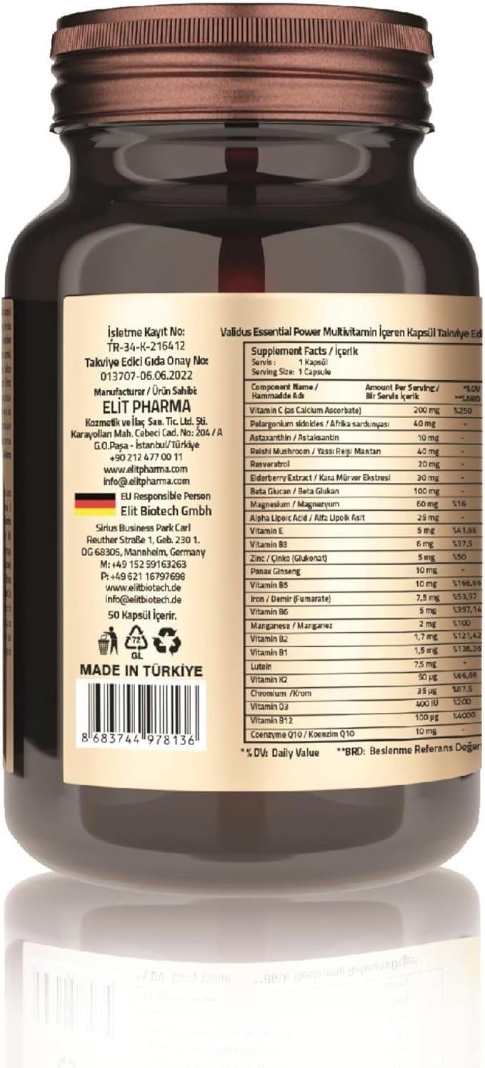 Validus Premium Advanced Multivitamin Complex with Essential Vitamin C, Vitamin D and E, Vitamin K, Vitamin B12, B6, B5, B2, B1, Magnesium, Iron, Zinc Supplements, Gluten-Free - 30 Capsules