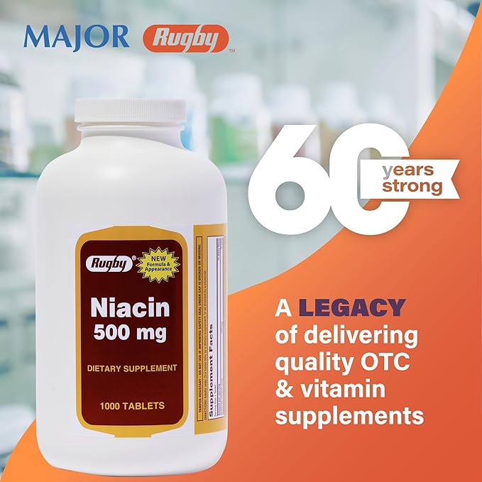 Rugby Niacin 500mg - Vitamin B3 Supplement for Men and Women - 1,000 Tablets