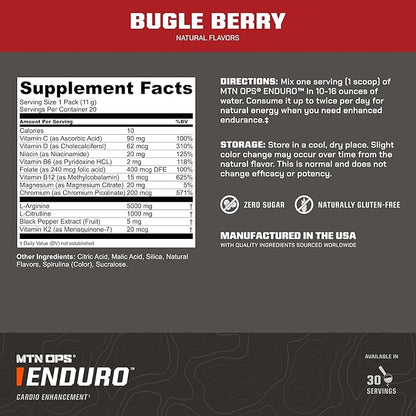 MTN OPS Enduro Nitric Oxide Supplement & Stim-Free Pre Workout - 30 Servings - with Magnesium Citrate, Beet Root Powder, Niacinamide, L Arginine & L Citrulline - Bugle Berry Flavor