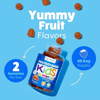 Feel Great Kids Multivitamin Gummies | Citrus & Strawberry Flavored Kids Gummies Multivitamins for Bone, Muscle & Immune Support | Chewable Vegetarian Gummy Vitamins | 45 Day Supply