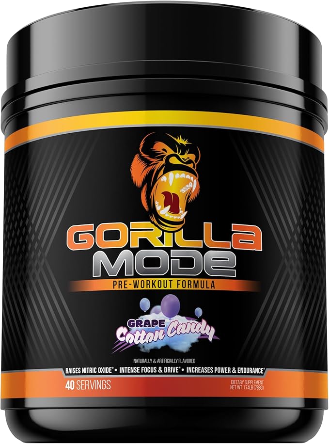 Gorilla Mode Pre Workout - Massive Pumps · Laser Focus · Energy · Power - L-Citrulline, Creatine, L-Tyrosine, Betaine, Hydroprime®, Alpha-GPC, 400mg Caffeine, Huperzine A – 786g (Cotton Candy Grape)