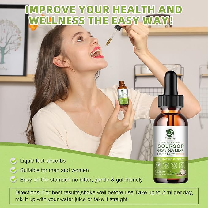 Nature Soursop Bitters Liquid, 2000mg Soursop Oil for Cell Support & Regeneration, Antioxidant, Immune Boost, Digestive, Sugar-Free, Gluten-Free, Soursop Multivitamin Drops 1 Month Supply 2 FL OZ