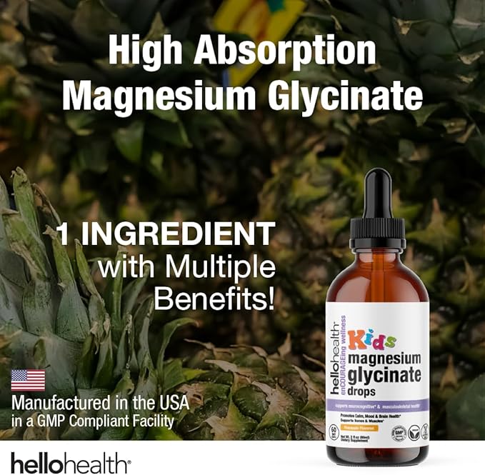 Kids Magnesium Glycinate Liquid Drops – Sugar Free Liquid Magnesium Drops, Happy Calm for Kids Calming Supplement Complex – Magnesium for Children & Nighttime Sleep, Pineapple Flavor 2 Fl Oz.