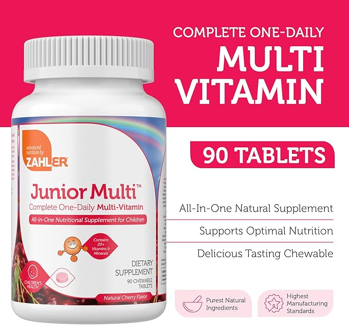 Zahler Kids Multivitamin Chewable Vitamin Tablet - Complete One Daily Kids Vitamins Supplement - Contains 20+ Minerals & Vitamins for Kids & Toddlers - Kosher Multivitamins Cherry Flavor (90)