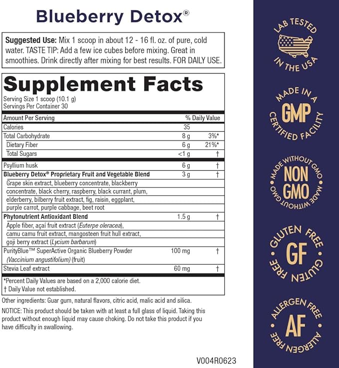 Purity Products Advanced Blueberry Detox Daily Fiber Formula Featuring PurityBlue Organic Wild Blueberries - A Full 6 Grams of Detoxifying, Regularity Promoting Prebiotic Fiber - 30 Servings