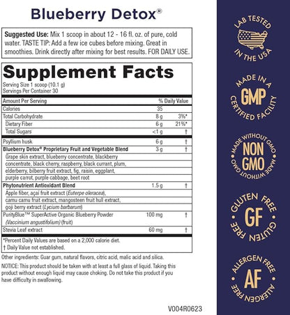 Purity Products Advanced Blueberry Detox Daily Fiber Formula Featuring PurityBlue Organic Wild Blueberries - A Full 6 Grams of Detoxifying, Regularity Promoting Prebiotic Fiber - 30 Servings