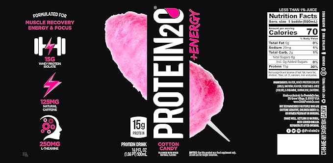 Protein2o 15g Whey Protein Infused Water Plus Energy & Focus, Cotton Candy, 16.9 oz Bottle (Pack of 12)