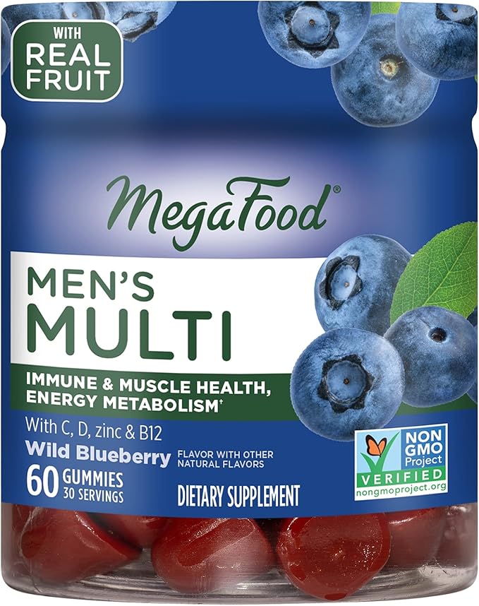 MegaFood Men's Multi - Multivitamin for Men - Gummy Vitamins for Men - Vitamin C, Vitamin D, Zinc, Vitamin B12 & Real Fruit - Immune Support - Vegetarian - Wild Blueberry - 60 Gummies (30 Servings)