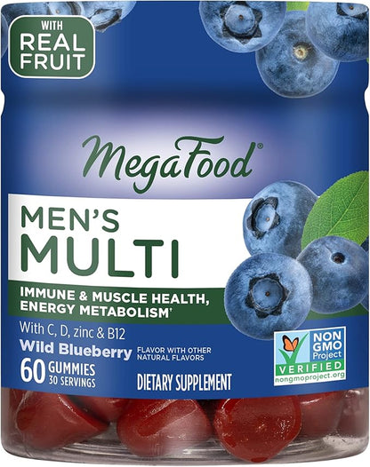 MegaFood Men's Multi - Multivitamin for Men - Gummy Vitamins for Men - Vitamin C, Vitamin D, Zinc, Vitamin B12 & Real Fruit - Immune Support - Vegetarian - Wild Blueberry - 60 Gummies (30 Servings)