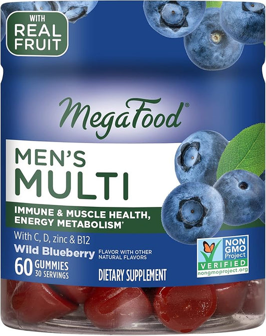 MegaFood Men's Multi - Multivitamin for Men - Gummy Vitamins for Men - Vitamin C, Vitamin D, Zinc, Vitamin B12 & Real Fruit - Immune Support - Vegetarian - Wild Blueberry - 60 Gummies (30 Servings)