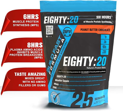 Eighty:20 Protein Powder Casein & Whey Blend | Fast & Slow Digesting Proteins for 6 Hours Muscle Protein Synthesis for Men & Women | Keto Friendly & Great Tasting (Peanut Butter Chocolate)