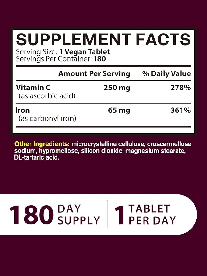 Iron Supplement for Women Men | High Potency Iron 65mg with Vitamin C 250mg | Stomach Friendly Iron Pills for Red Blood Cell & Immune Support | Vegan, Non-GMO & Gluten Free | 180 Iron Tablets