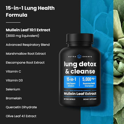 Lung Detox & Cleanse | Mullein Leaf Capsules | 15-In-1 Lung Health Formula for Respiratory, Immune & Mucus Support | 10:1 Mullein Leaf Extract (3000mg Equivalent) | Vegan Lung Support Supplement