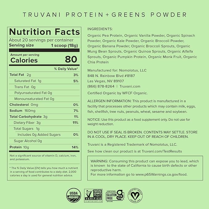 Truvani Protein + Greens Supplement | Spinach, Kale & Broccoli | 10g Organic Plant Based Protein | 20 Servings | USDA Organic | Gluten & Dairy Free | Vegan | No Added Sugar