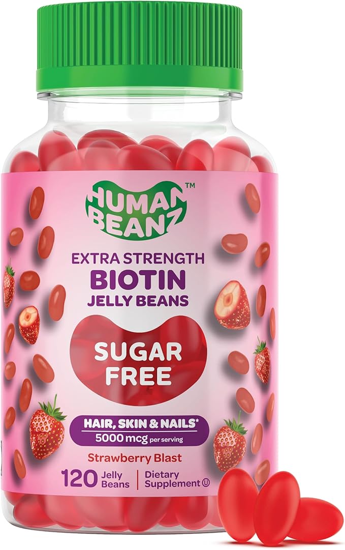 Sugar Free Biotin Jelly Bean Gummy Vitamins, 5000mcg Extra Strength Biotin for Hair, Skin, and Nails, 120 Strawberry Blast Jellybeans Vitamins for Men and Women, Kosher