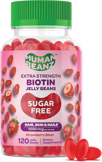 Sugar Free Biotin Jelly Bean Gummy Vitamins, 5000mcg Extra Strength Biotin for Hair, Skin, and Nails, 120 Strawberry Blast Jellybeans Vitamins for Men and Women, Kosher