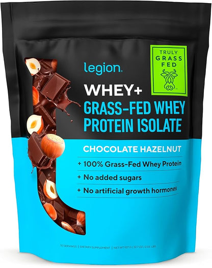 Legion Whey+ Whey Isolate Protein Powder from Grass Fed Cows - Low Carb, Low Calorie, Non-GMO, Lactose Free, Gluten Free, Sugar Free, All Natural Whey Protein Isolate, 30 Servings (Chocolate Hazelnut)