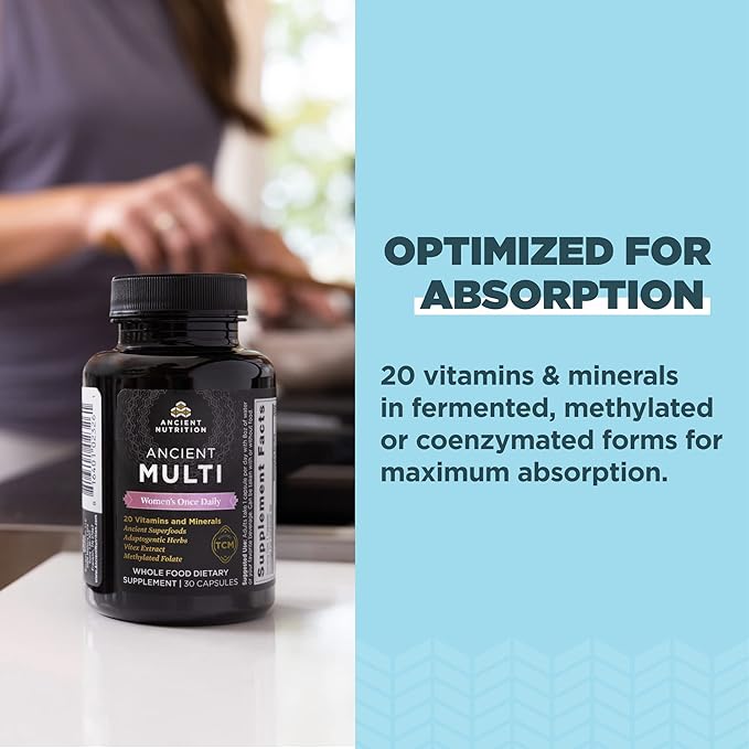 Multivitamin for Women by Ancient Nutrition, Ancient Multi Women's Once Daily Vitamin Supplement, Vitamin B, Vitamin C and Vitamin K2, Folate and Iron Supplement, Supports Bone and Blood Health, 30ct