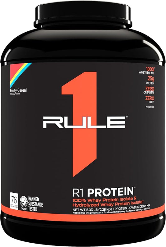 Rule One Proteins R1 Protein - 25g Fast-Acting, Super-Pure 100% Isolate and Hydrolysate Protein Powder with 6g BCAAs (5 Pounds*, Fruity Cereal)