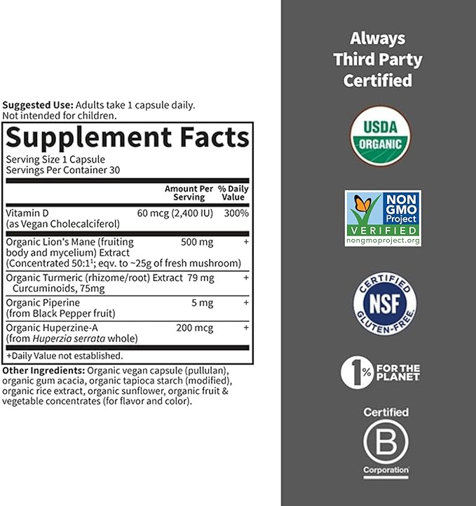 Garden of Life Brain Health Supplement with Organic Lion’s Mane & Turmeric, Non-GMO, Gluten-Free, Mint Flavor - For Memory, Focus & Healthy Brain Function