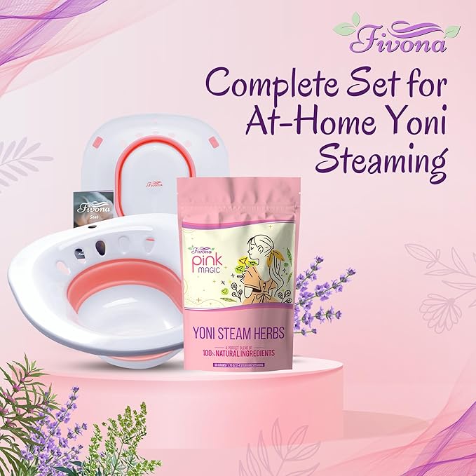 Fivona Yoni Steam Kit 2-in-1 Bundle of Steaming Seat with Pink Premium Herbs Bundle - at Home V-SPA Cleansing Set for Toilet Bowl - Detox and Rejuvenate with All-Natural Herbal Therapy
