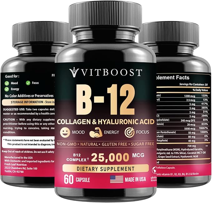 B12 Methylcobalamin with Hyaluronic Acid, Collagen, and Folate – 25000 mcg Supplement Enhance Absorption & Boost Energy | Gluten-Free, Made in USA, B1, B2, B3, B6, B7 Complex - Pack of 2