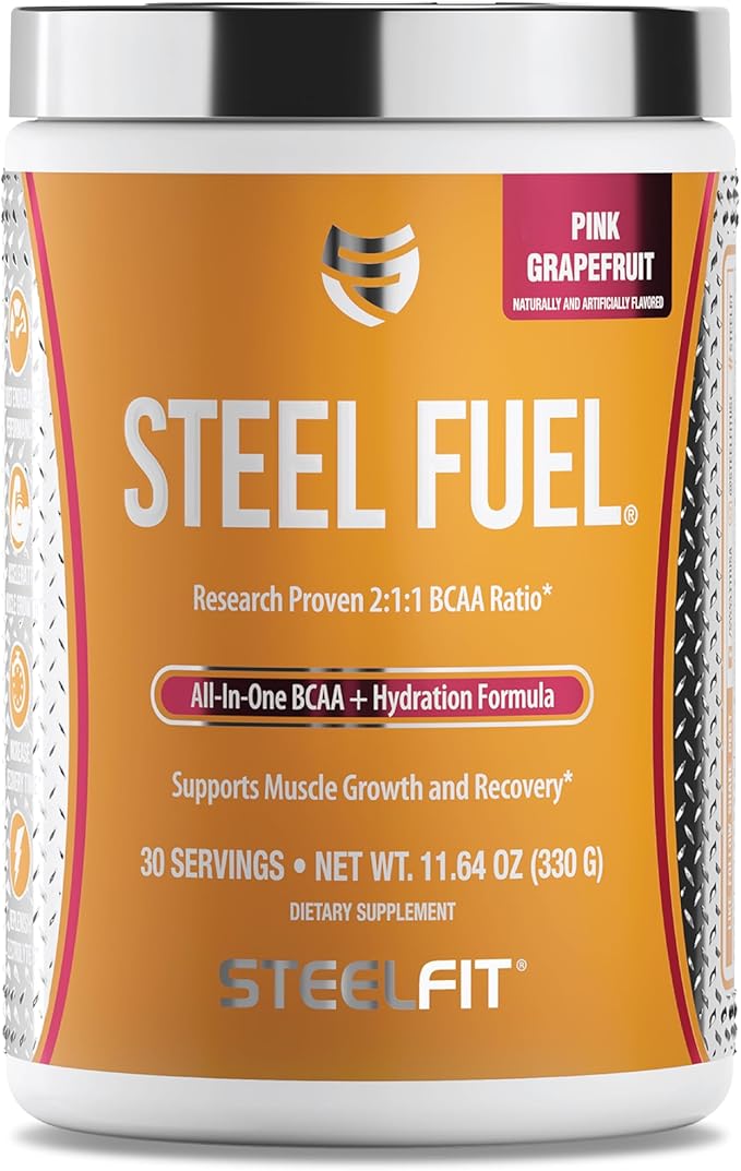 SteelFit Steel Fuel BCAA + Electrolyte Powder | Sugar-Free 2:1:1 Amino Acids Formula | Pink Grapefruit, 30 Servings | No Crash Workout Hydration, Muscle Growth & Recovery