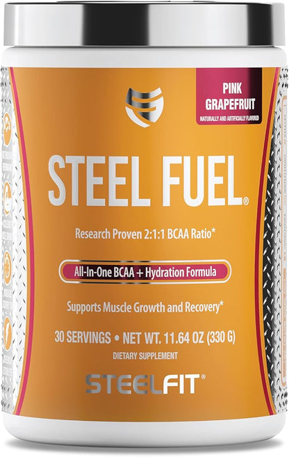 SteelFit Steel Fuel BCAA + Electrolyte Powder | Sugar-Free 2:1:1 Amino Acids Formula | Pink Grapefruit, 30 Servings | No Crash Workout Hydration, Muscle Growth & Recovery