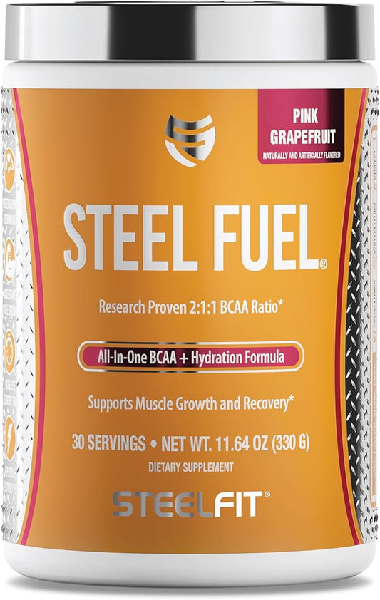 SteelFit Steel Fuel BCAA + Electrolyte Powder | Sugar-Free 2:1:1 Amino Acids Formula | Pink Grapefruit, 30 Servings | No Crash Workout Hydration, Muscle Growth & Recovery