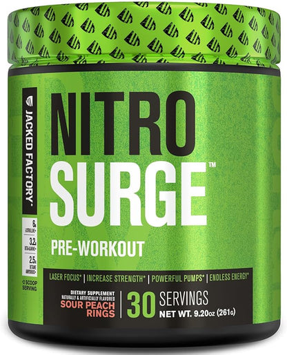 Jacked Factory NITROSURGE Pre Workout Supplement - Endless Energy, Instant Strength Gains, Clear Focus, Intense Pump - NO Booster & Preworkout Powder with Beta Alanine - 30 Servings, Sour Peach Rings