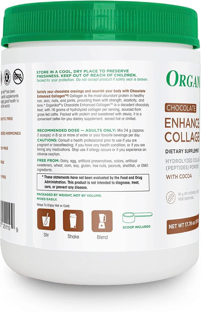Organika Chocolate Enhanced Collagen - Grass-Fed Collagen with Real Cocoa, Sugar-Free, Type I and III, for Healthy Hair, Skin, Nails, Joints - 17.78 oz