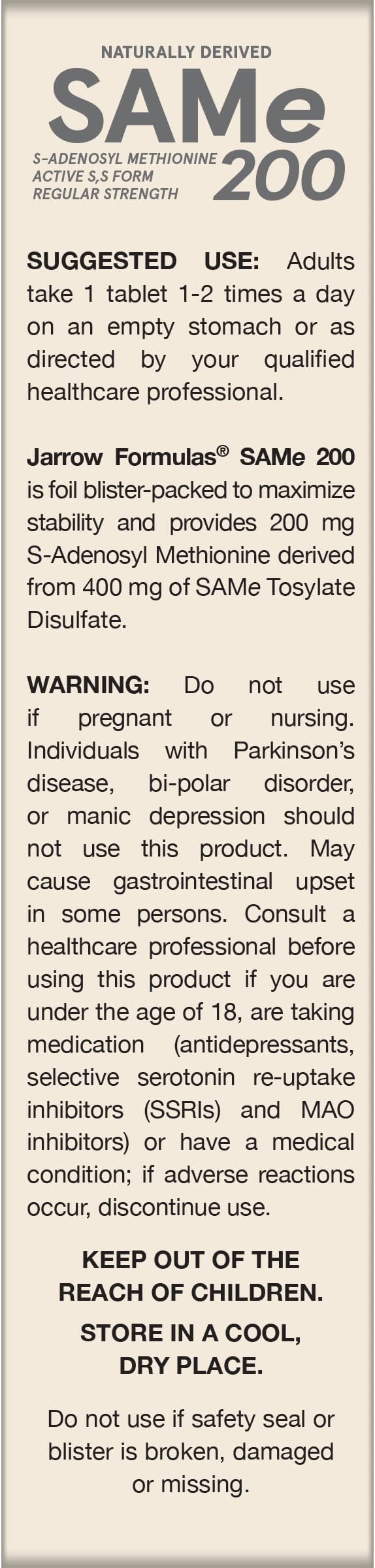 Jarrow Formulas SAMe 200 mg, Supports Joint Health, Liver Function, Brain Metabolism, 20 Tablets, Up To A 20 Day Supply