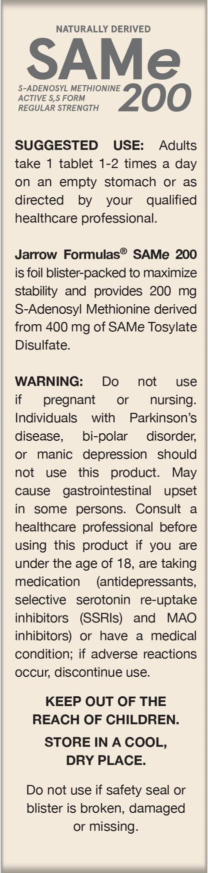 Jarrow Formulas SAMe 200 mg, Supports Joint Health, Liver Function, Brain Metabolism, 20 Tablets, Up To A 20 Day Supply